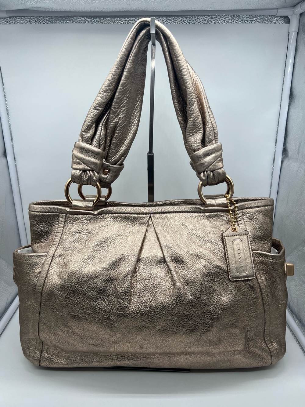 COACH 13461 Y2K Rose Gold Metallic leather Twisted Handle Shoulder Bag Hobo Tote